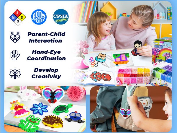 Fuse bead kit with parent and child creating pixel art, showing various bead creations and kit contents.
