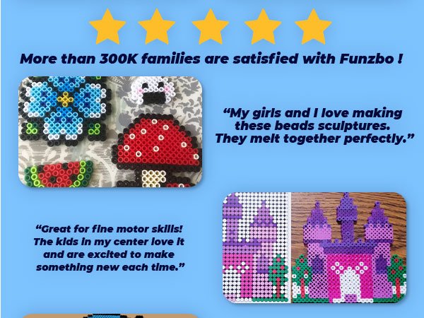 Fuse bead creations including a flower, mushroom, watermelon slice, ghost, and castle, with customer testimonials.