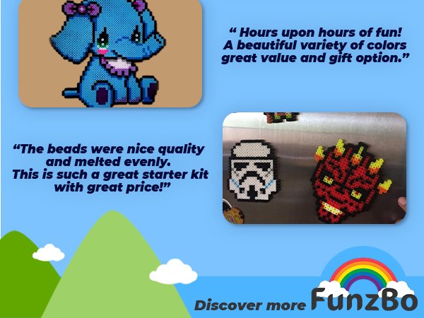 Fuse bead creations including an elephant, stormtrooper, and Darth Maul character, with customer testimonials and brand logo.