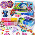 Fuse bead kit with multiple pegboards, beads in organizers, tweezers, and finished bead art examples like Stitch and Mario.