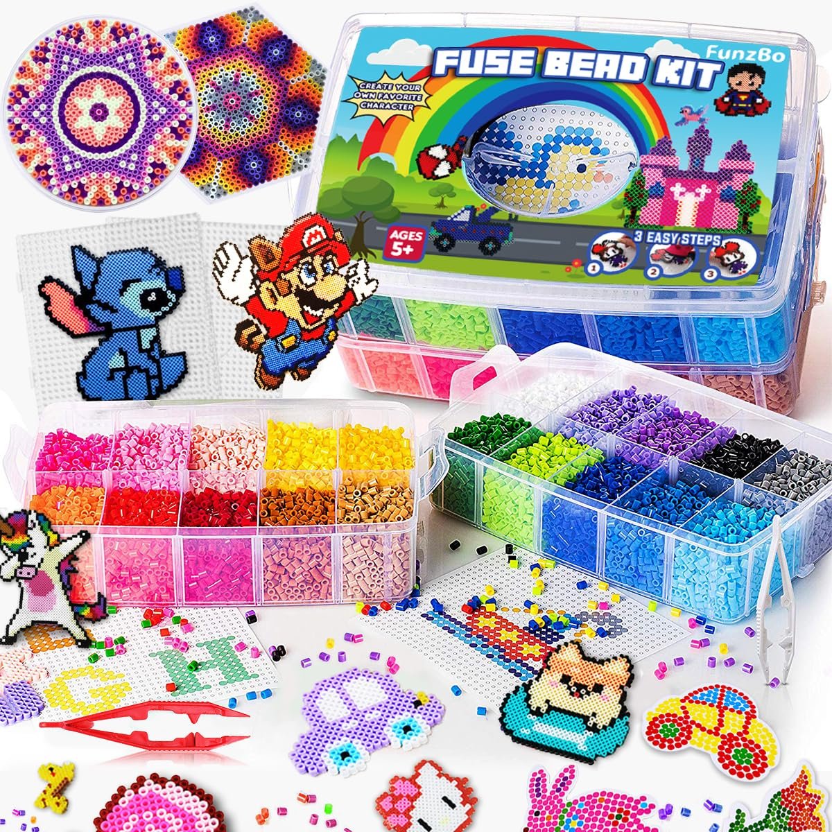 Fuse bead kit with multiple pegboards, beads in organizers, tweezers, and finished bead art examples like Stitch and Mario.