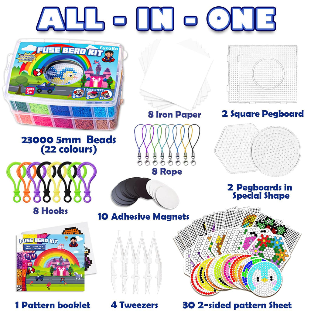 Fuse bead kit contents laid out, including beads, pegboards, tweezers, iron paper, hooks, rope, magnets, and pattern sheets.