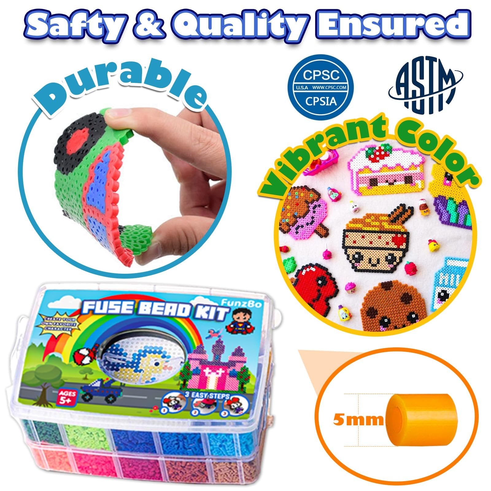 Fuse bead kit with various creations and a hand holding a flexible bead design. Includes a storage container filled with beads and overlay graphics.
