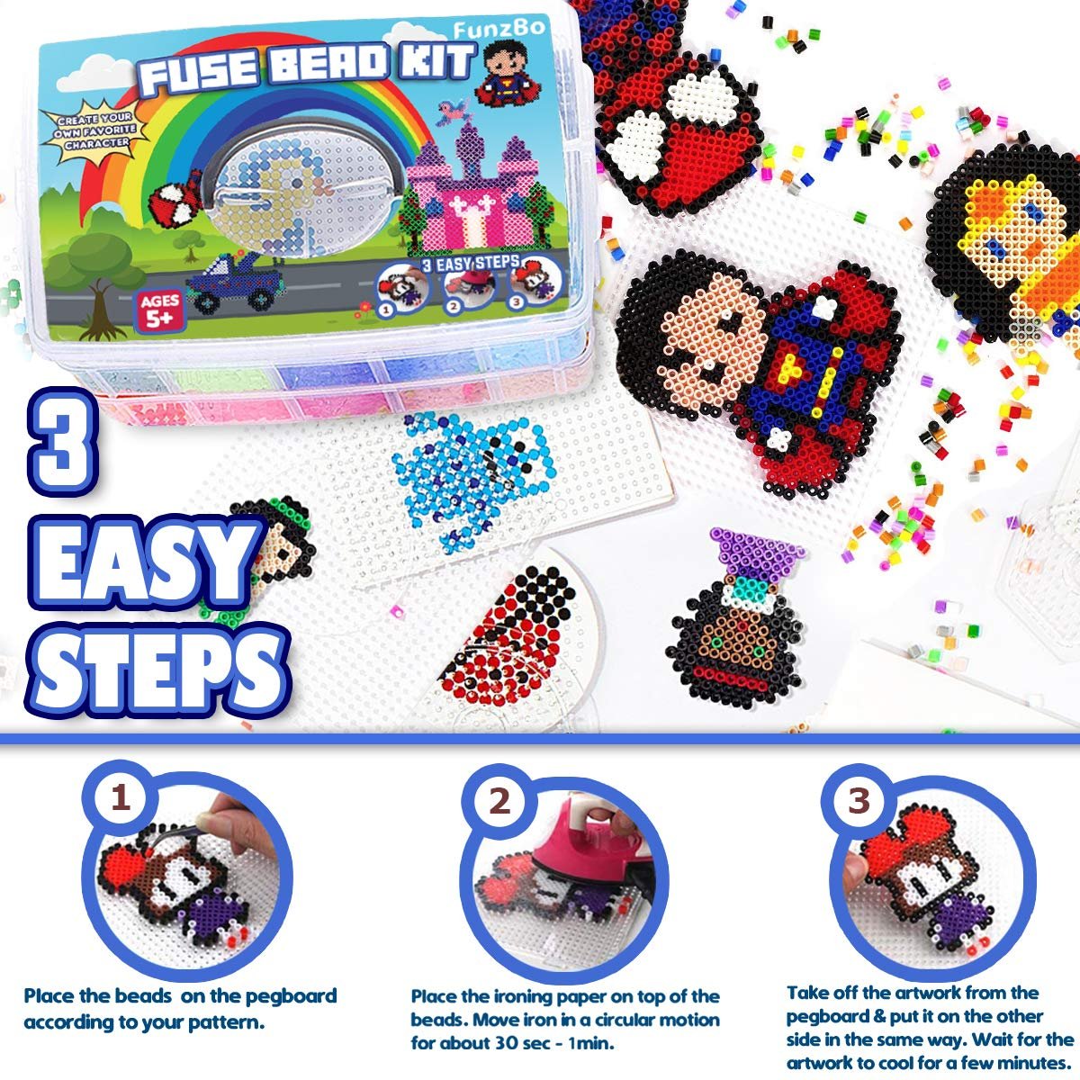 Fuse bead kit with pegboards, beads, and instructions showing how to create pixel art characters like Superman and Wonder Woman.