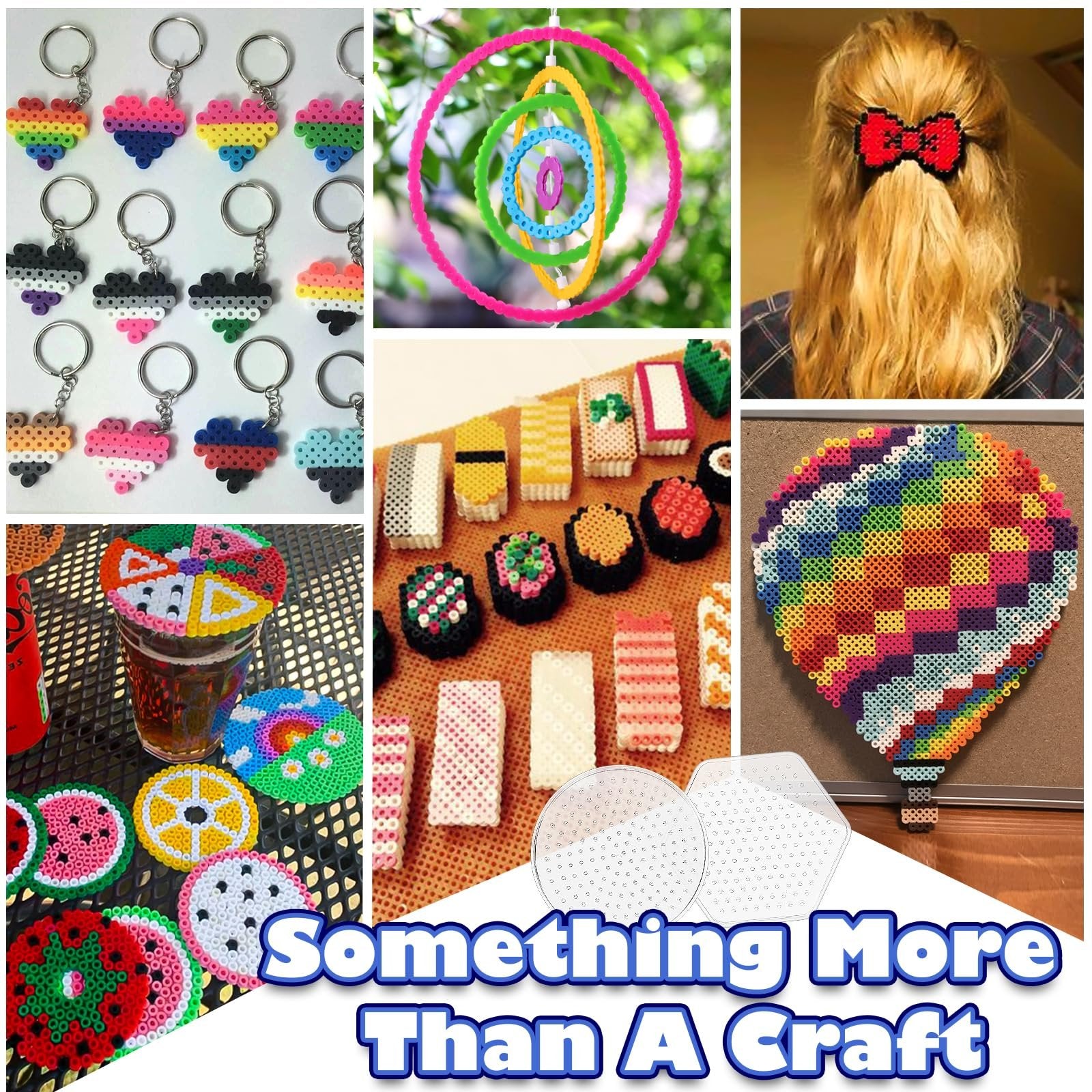Collage of fuse bead crafts including keychains, a mobile, a hair bow, sushi, coasters, and a hot air balloon.