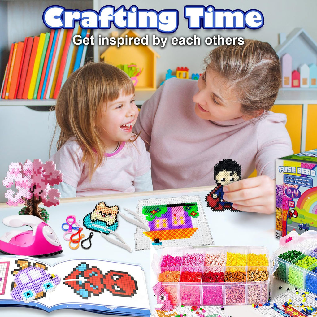 Mother and daughter crafting with fuse beads, creating pixel art characters and objects.