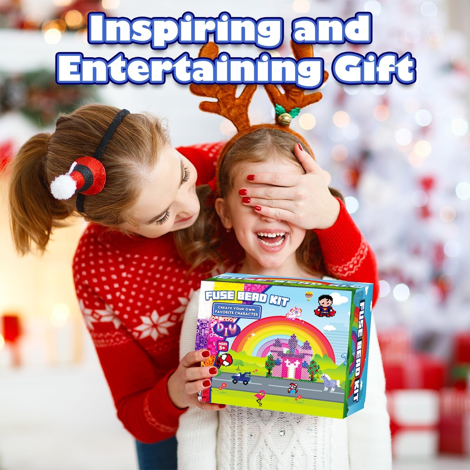 Mother surprising daughter with a fuse bead kit on Christmas, with festive decorations in the background.