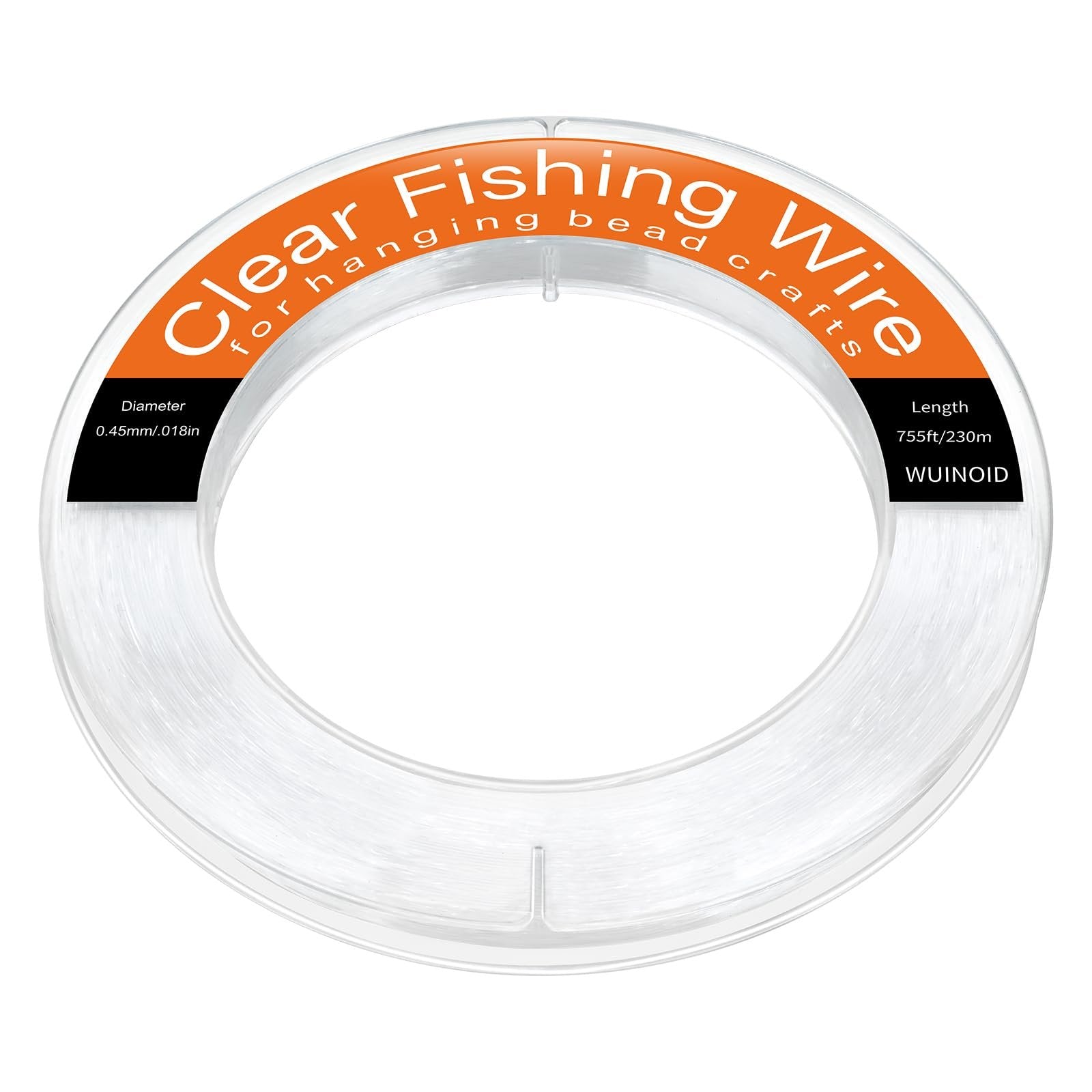 Spool of clear monofilament fishing line with orange and black label showing specifications and brand name.