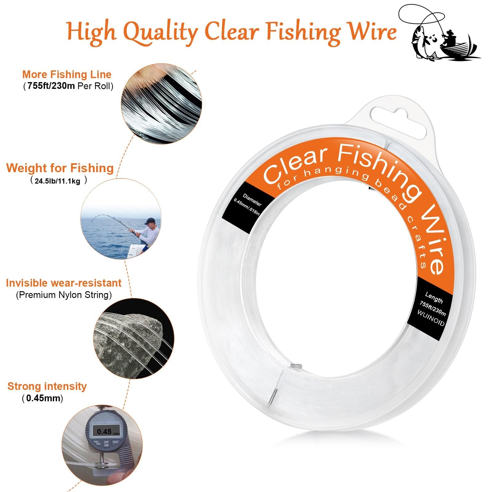 Clear fishing wire on a spool with callouts for length, diameter, weight, and strength. Includes inset images of fishing line, a person fishing, and line around a rock.