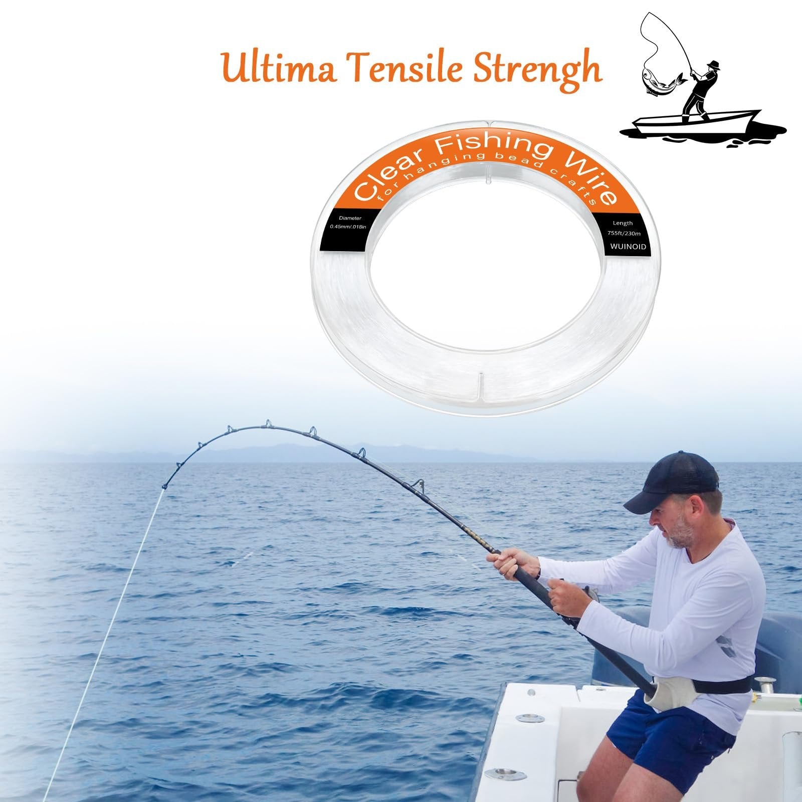 Man fishing from a boat with a spool of clear fishing line in the foreground.