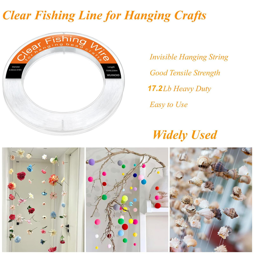 Spool of clear fishing line with text overlays and three lifestyle images showing its use in hanging decorations.