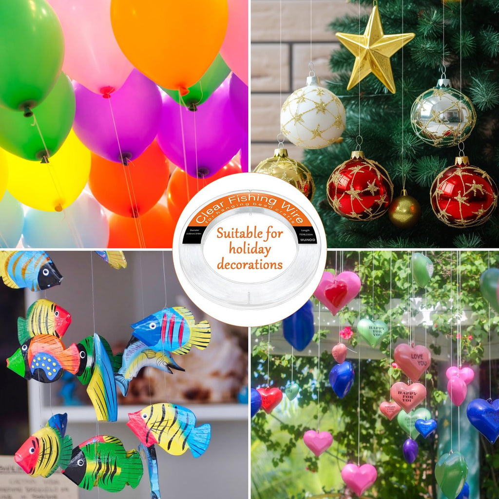 Collage showing clear fishing wire used for hanging balloons, Christmas ornaments, wooden fish, and heart decorations.