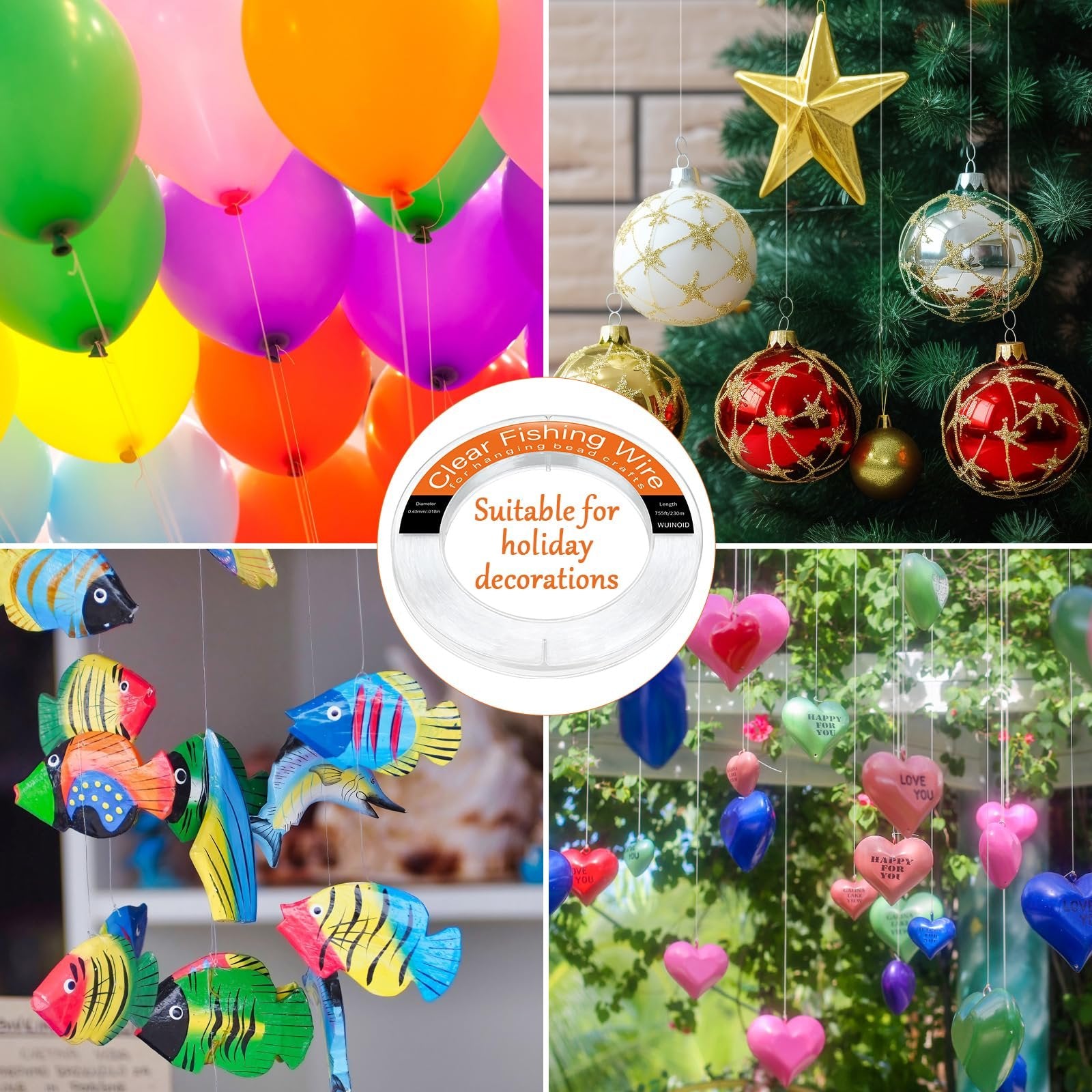 Collage showing clear fishing wire used for hanging balloons, Christmas ornaments, wooden fish, and heart decorations.