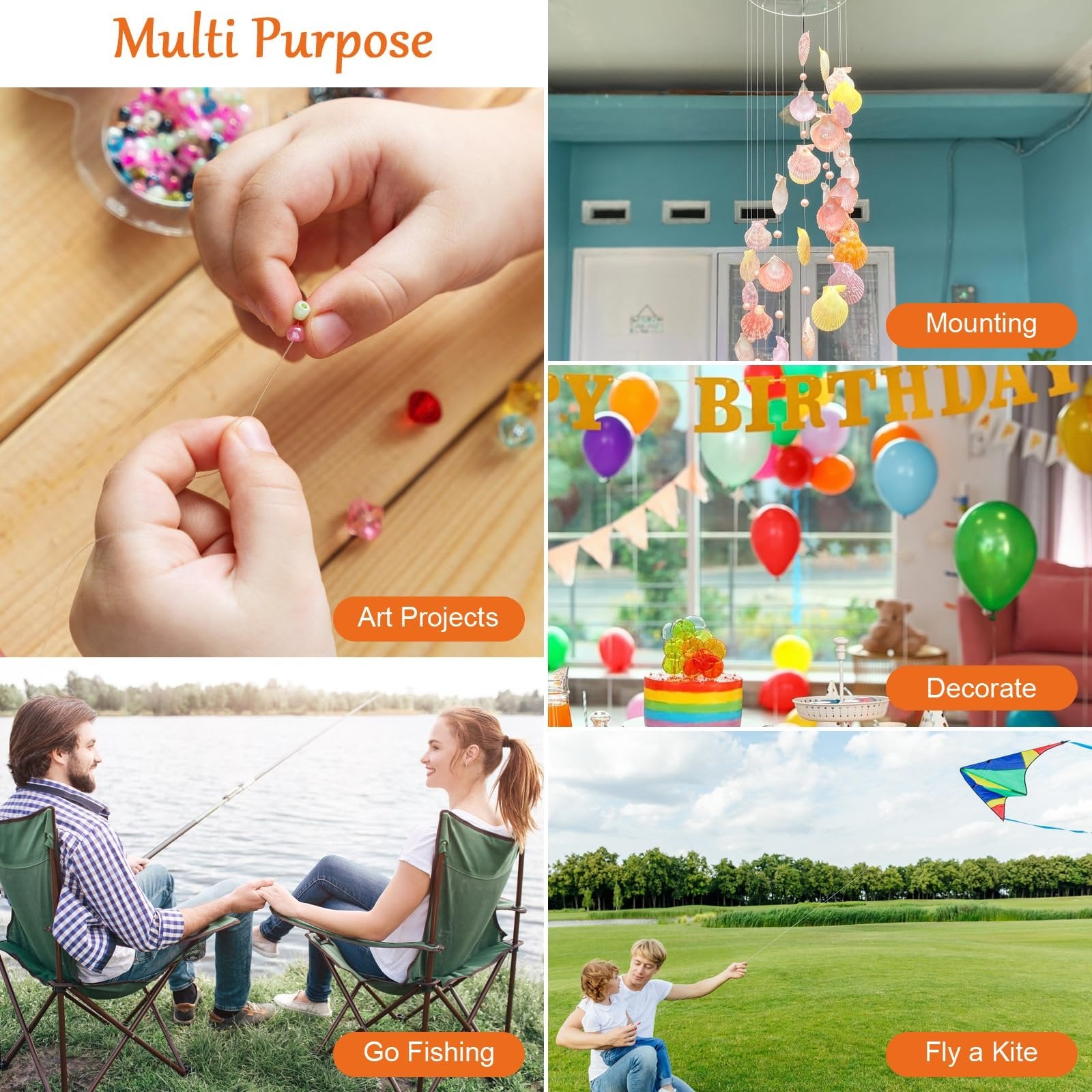Collage showing multi-purpose uses of clear fishing line: art projects, hanging decorations, fishing, and flying a kite.