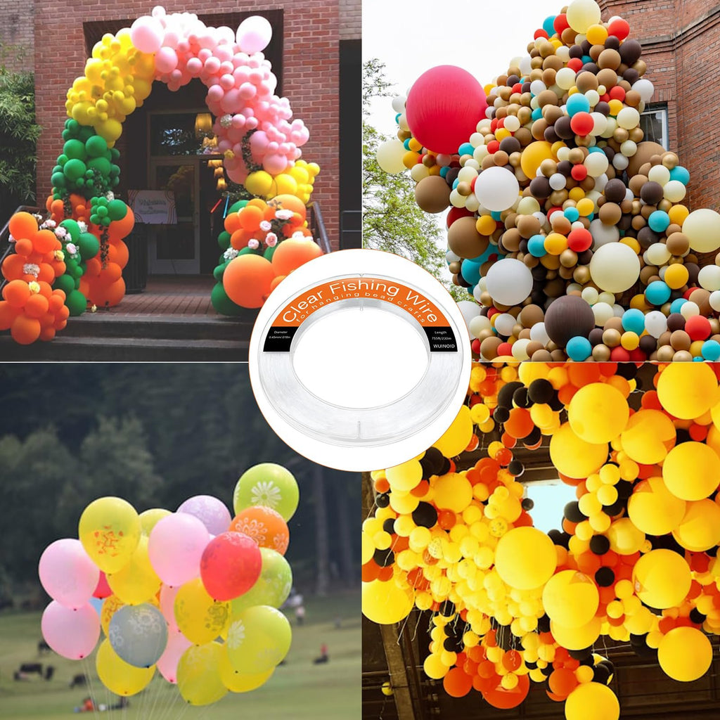 Collage of balloon decorations and a spool of clear fishing wire with product details.