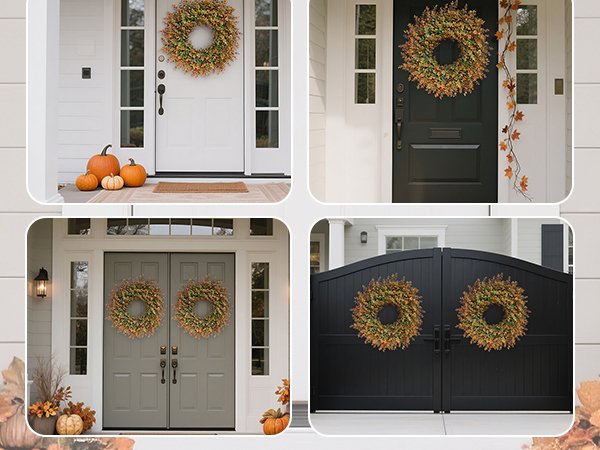 Four scenes of artificial boxwood fall wreaths with green and brown leaves displayed on doors and gates, with pumpkins and fall foliage.