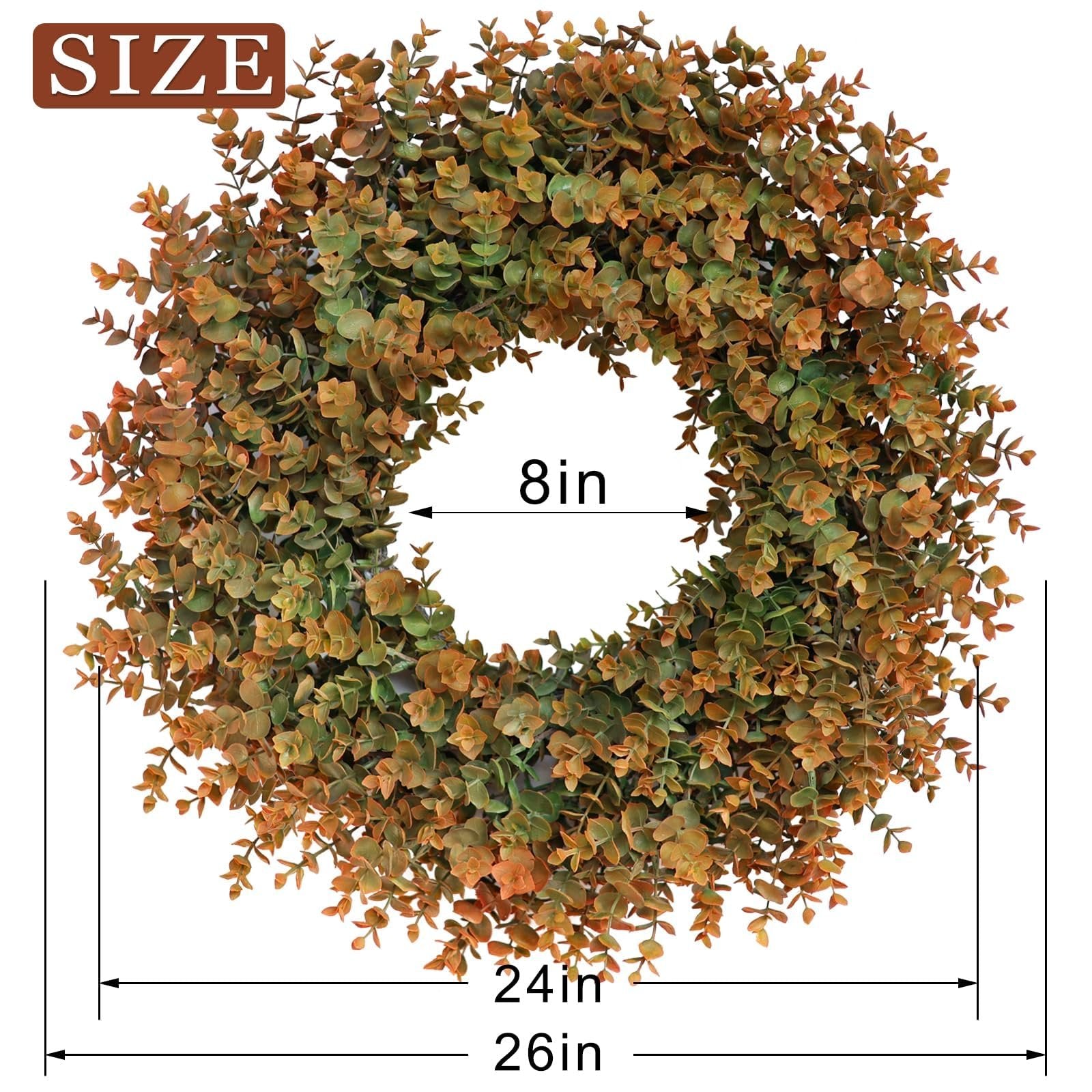 Artificial boxwood wreath with green and brown leaves showing size dimensions
