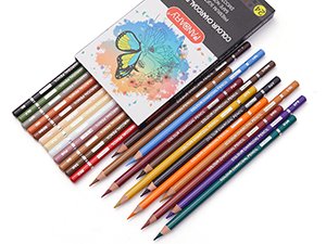24-color charcoal pencils fanned out with their box, showing a butterfly illustration on the box.