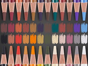 Collection of 24 colored charcoal pencils with visible wood grain and lead tips, arranged in rows with swatches of their colors.