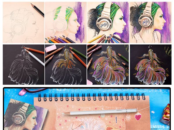Collage of drawing tutorials: portrait of a woman with headphones and a betta fish illustration.