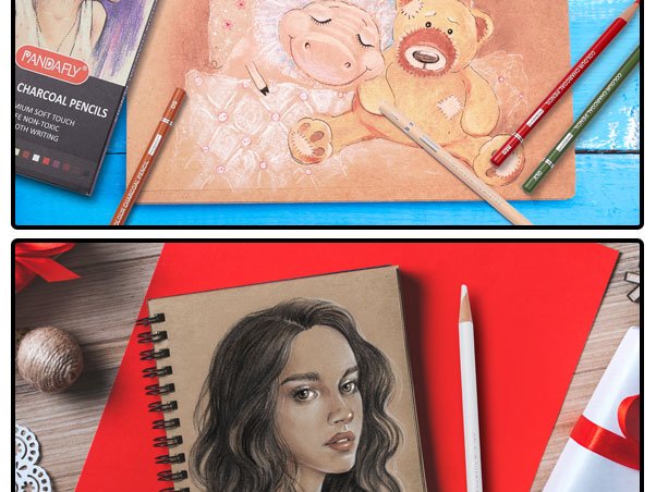 Charcoal pencils and artwork including a teddy bear and a portrait of a woman.