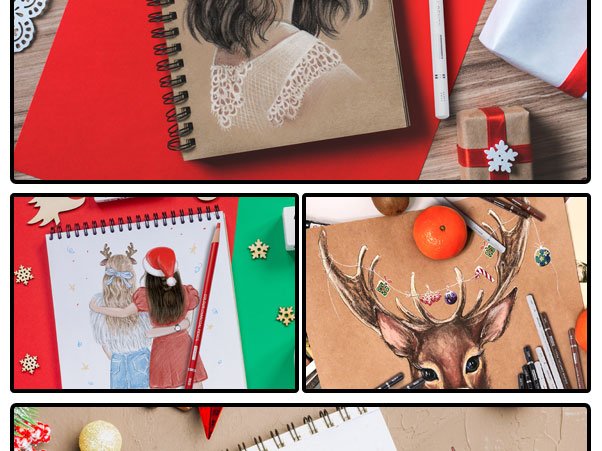 Spiral bound sketchbooks with drawings of a woman's shoulders and two friends in Santa hats, surrounded by art supplies and holiday decorations.