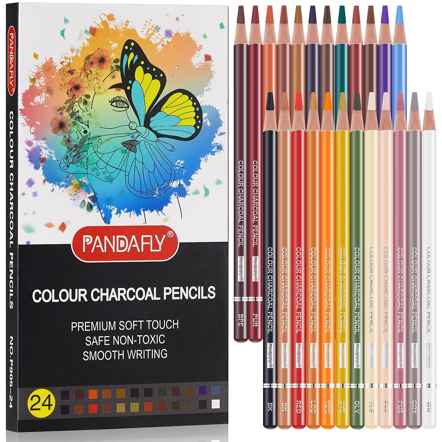 Box of 24 color charcoal pencils with a butterfly and face design, and a separate row of the pencils.