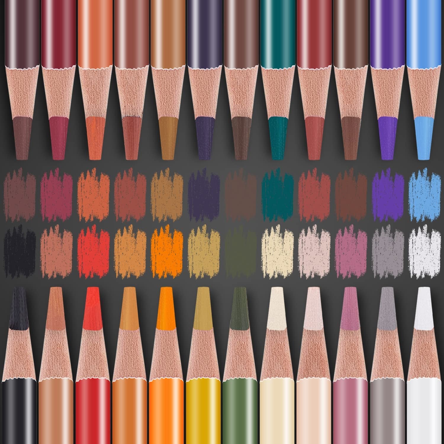 Set of 24 charcoal pencils in various skin, hair, and neutral tones, with swatches of each color below.