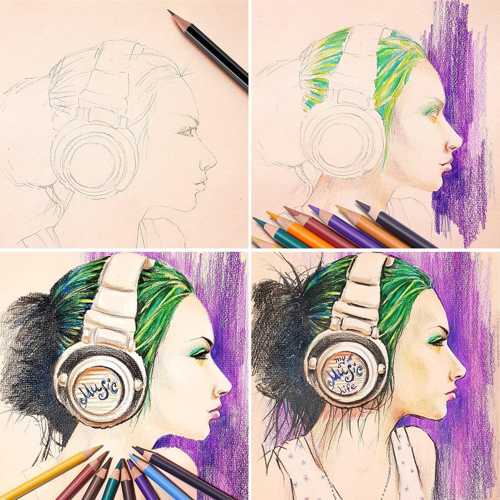Collage showing the process of drawing a woman with headphones using colored pencils. Includes initial sketch, coloring stages, and final artwork.