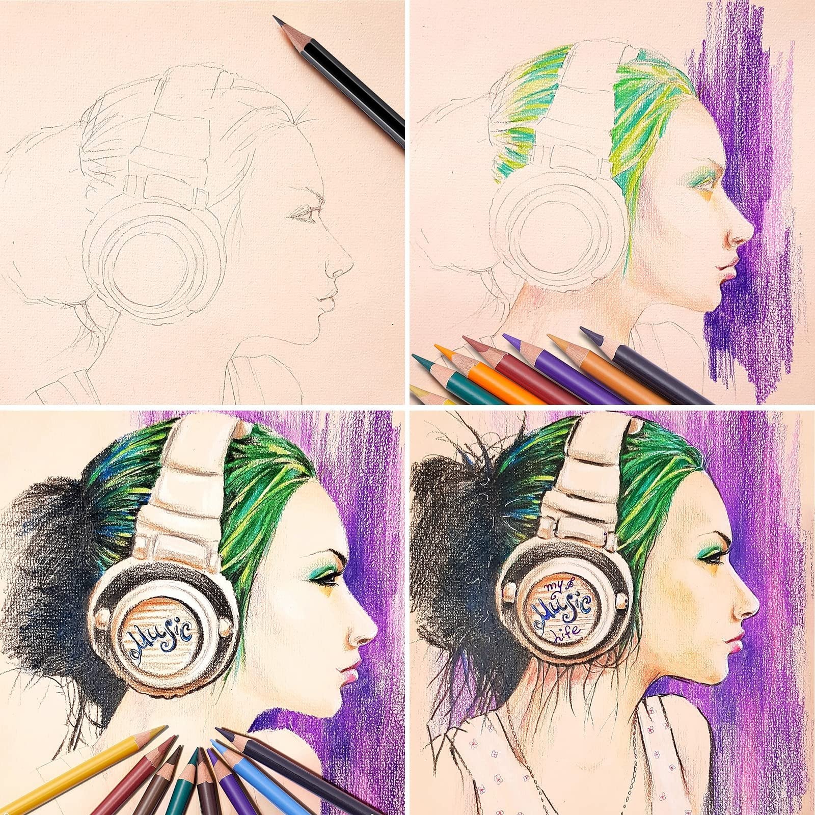 Collage showing the process of drawing a woman with headphones using colored pencils. Includes initial sketch, coloring stages, and final artwork.