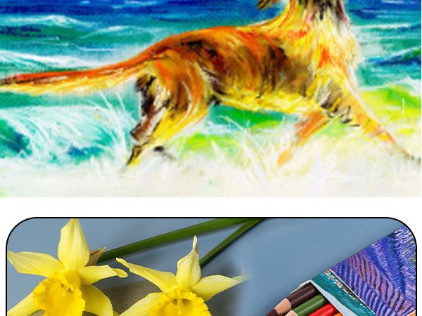 Close-up of a painting of a dog running through water, with a box of colored pencils and daffodils below.