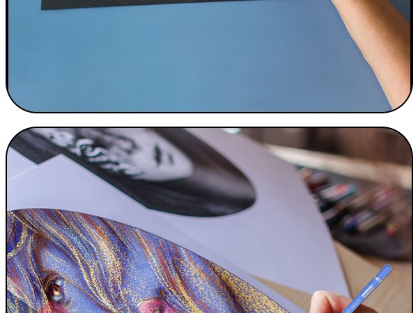 Artist's hand holding a blue pencil over a drawing of a face with colorful abstract patterns