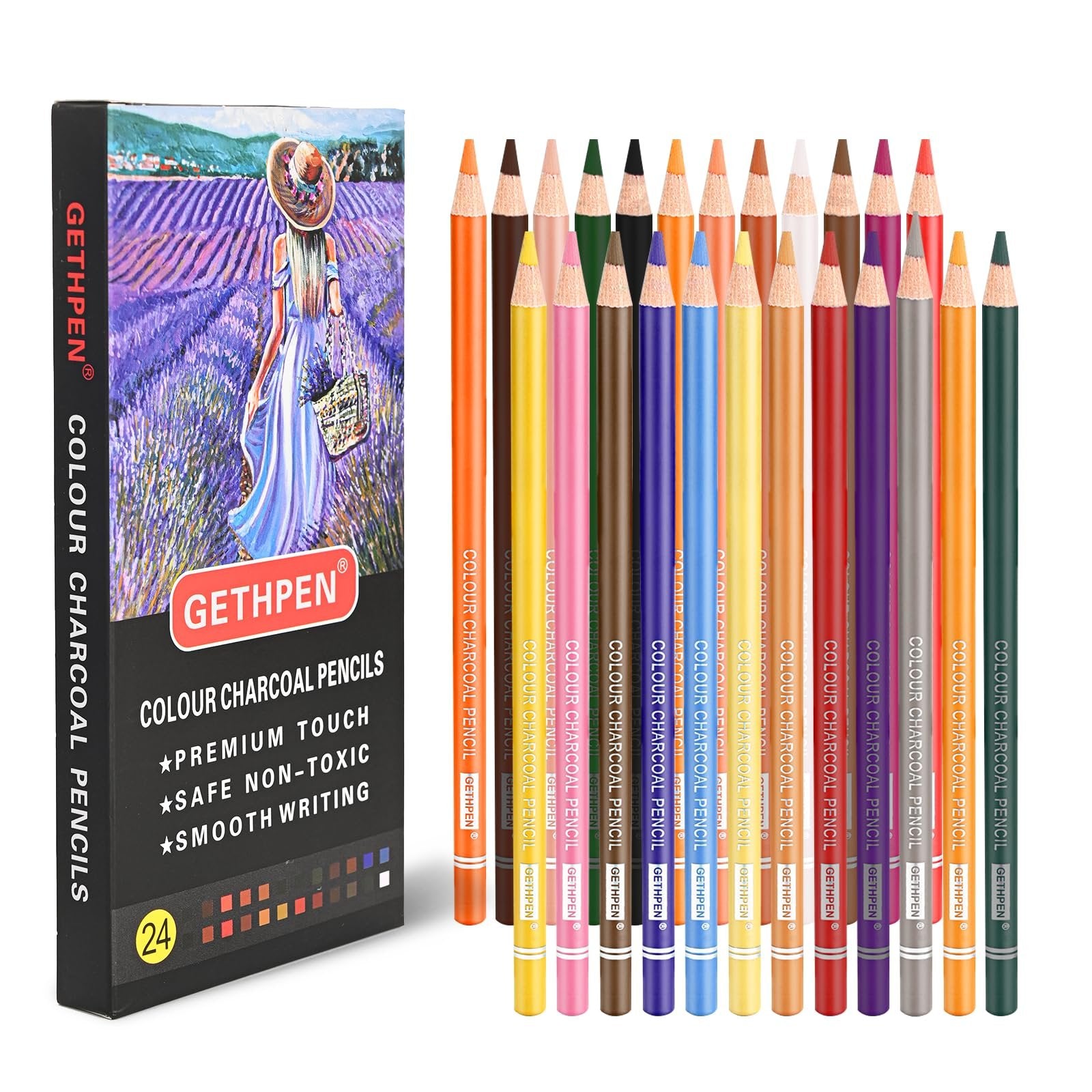 Box of 24 pastel charcoal pencils with a lavender field scene on the front, and pencils arranged in front of the box.