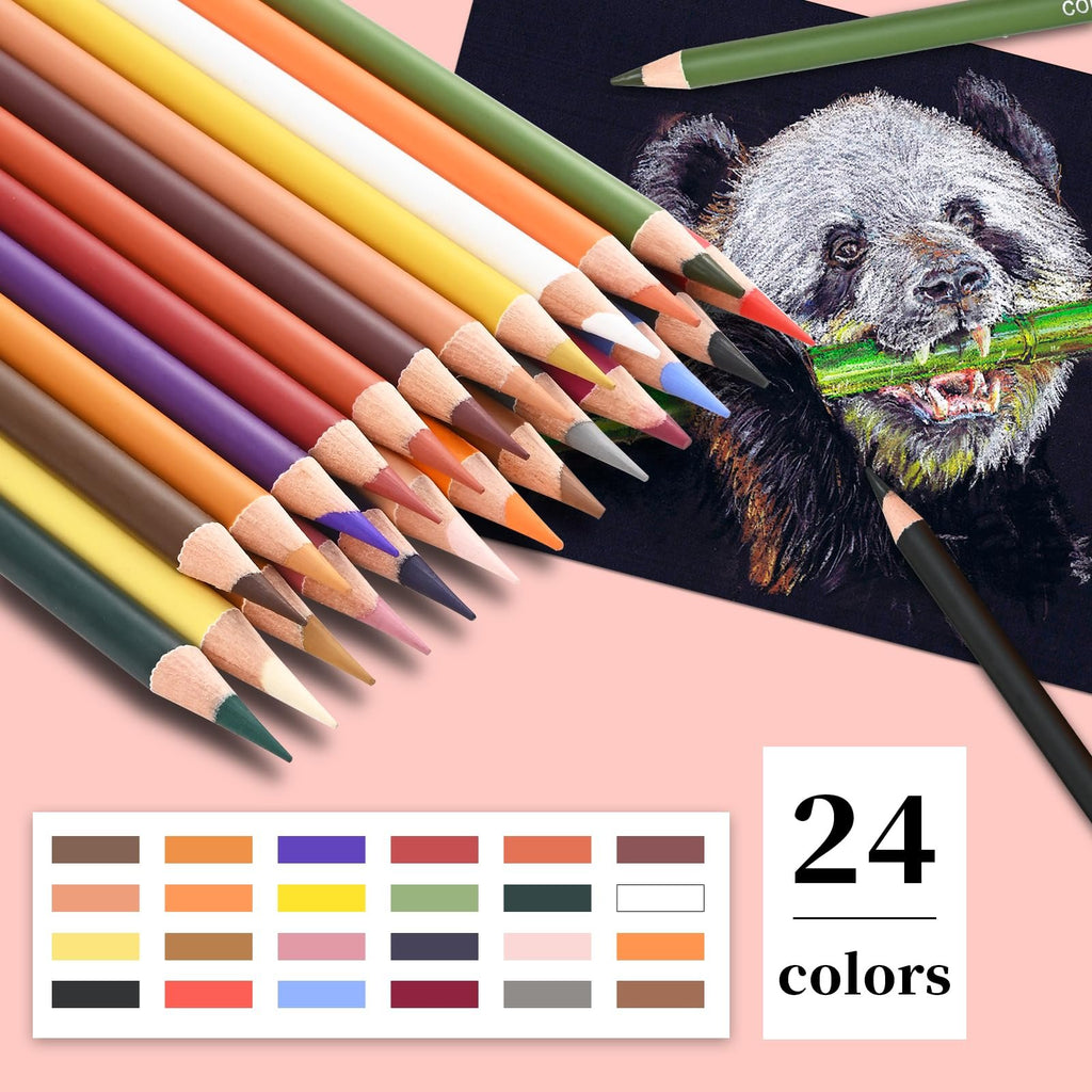 Pastel charcoal pencils fanned out with a panda drawing and color swatch grid