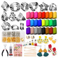 Polymer clay earring making kit with cutters, clay blocks, jewelry findings, tools, and glue.