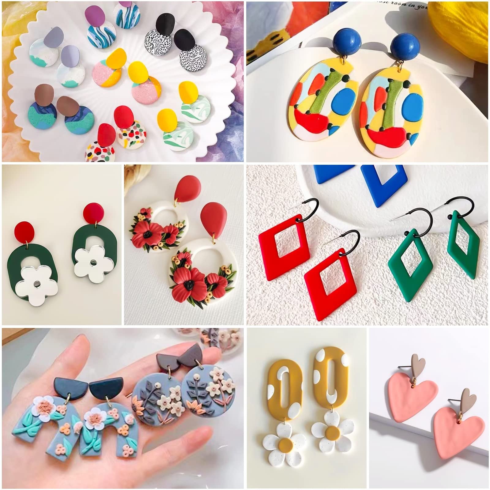 Collage of various polymer clay earrings in different styles and colors, including floral, abstract, and geometric designs.