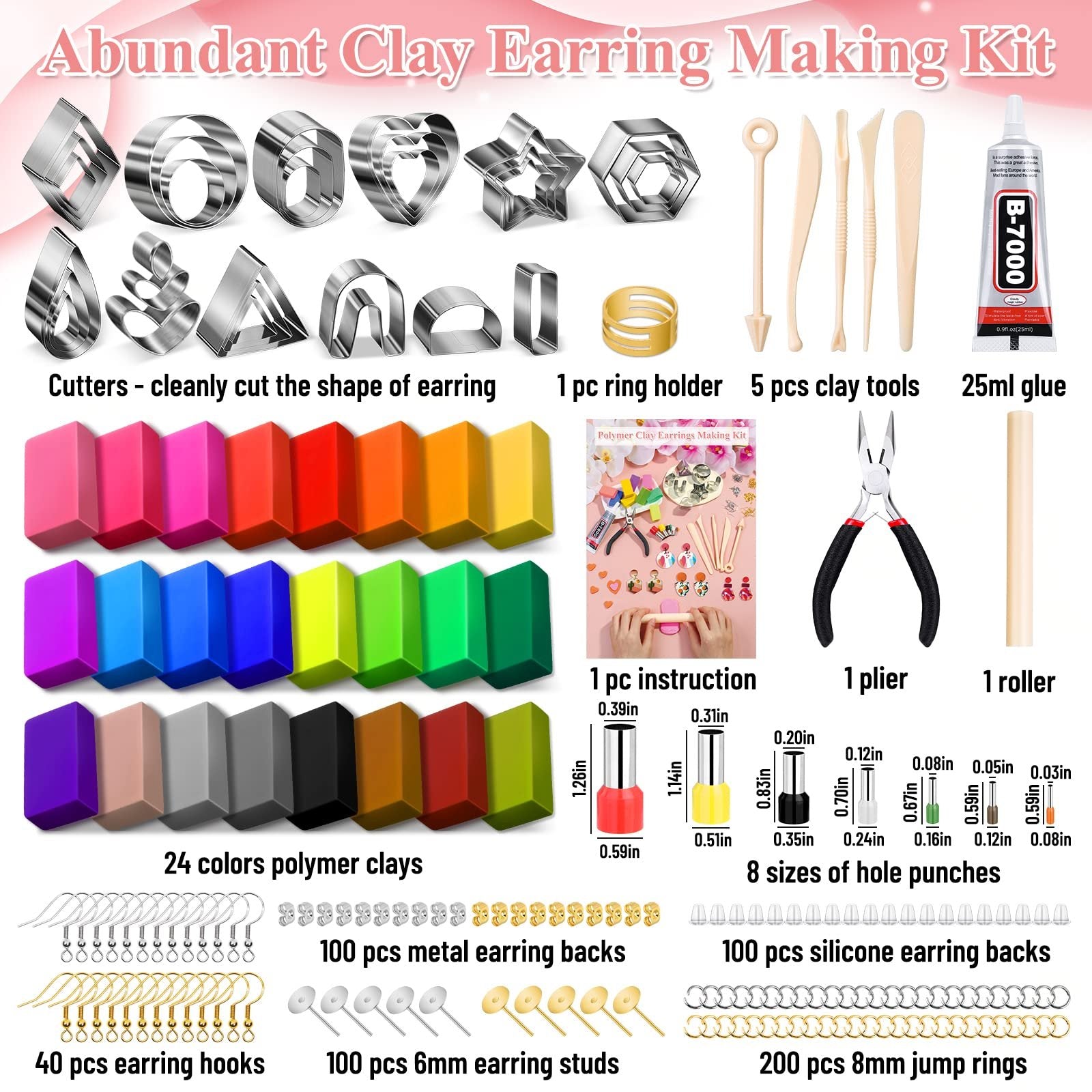Polymer clay earring making kit contents including cutters, clay blocks, tools, findings, and glue.