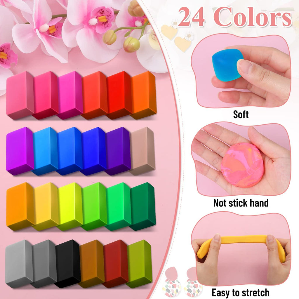Rows of colorful polymer clay blocks with close-ups showing softness, non-stick texture, and stretchability.
