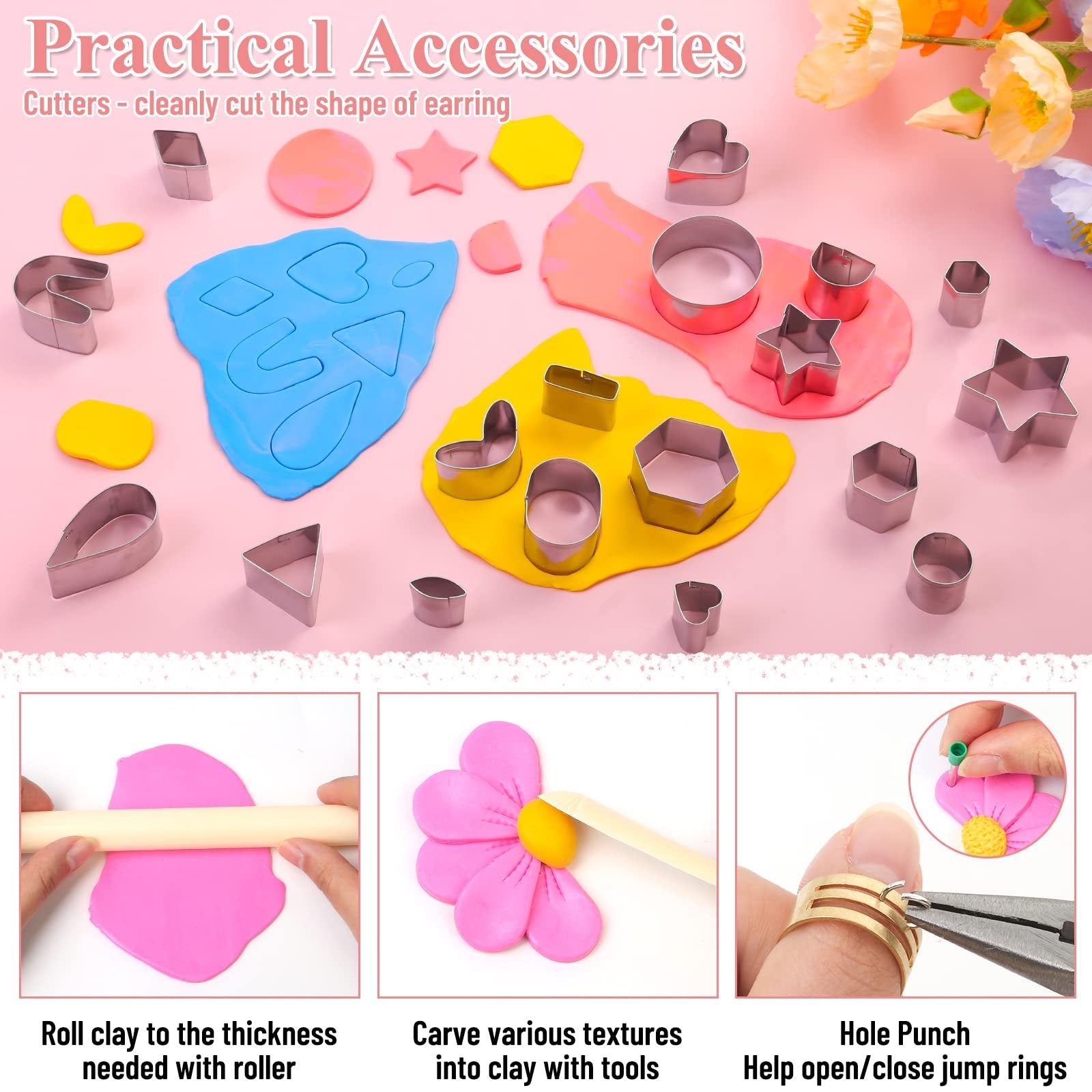 Polymer clay earring making kit with cutters, clay, roller, carving tools, and jewelry findings