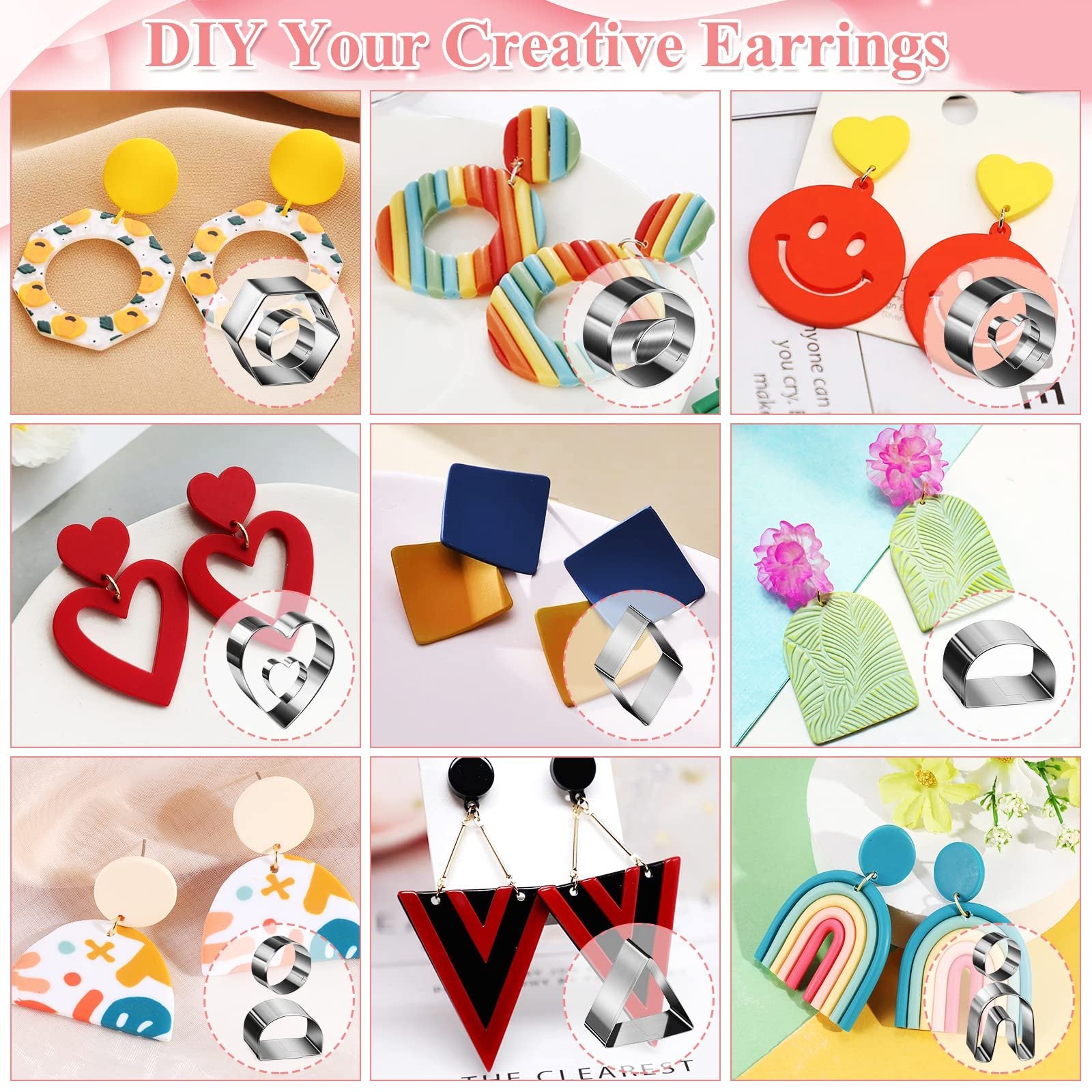 Collage of polymer clay earrings and cutters, showcasing various designs and shapes for DIY jewelry making.