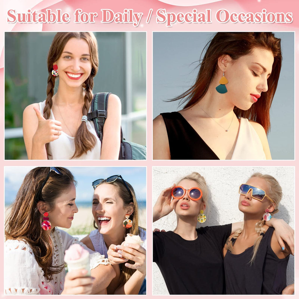 Four lifestyle images showing women wearing colorful polymer clay earrings, suitable for daily or special occasions.