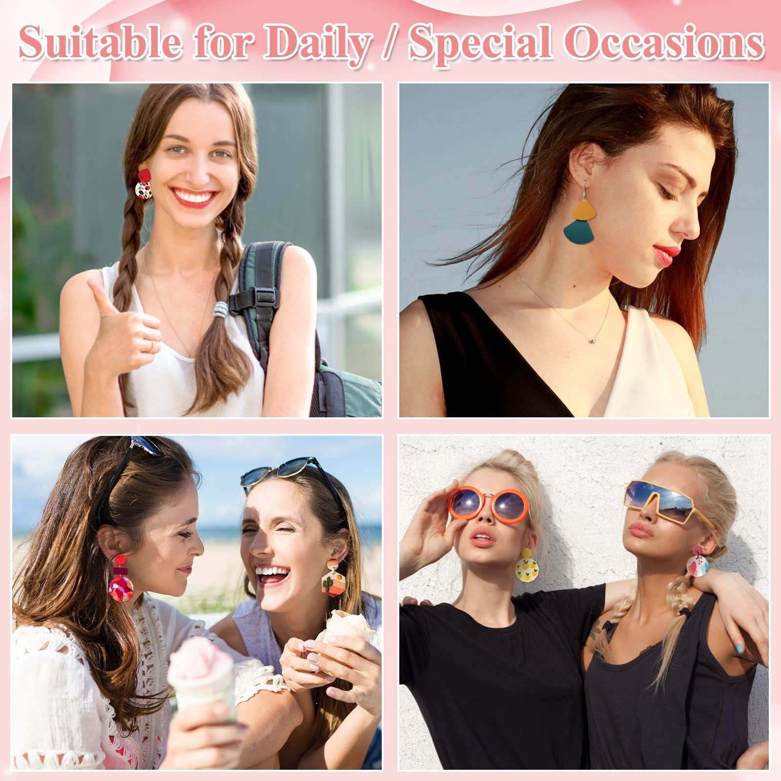 Four lifestyle images showing women wearing colorful polymer clay earrings, suitable for daily or special occasions.