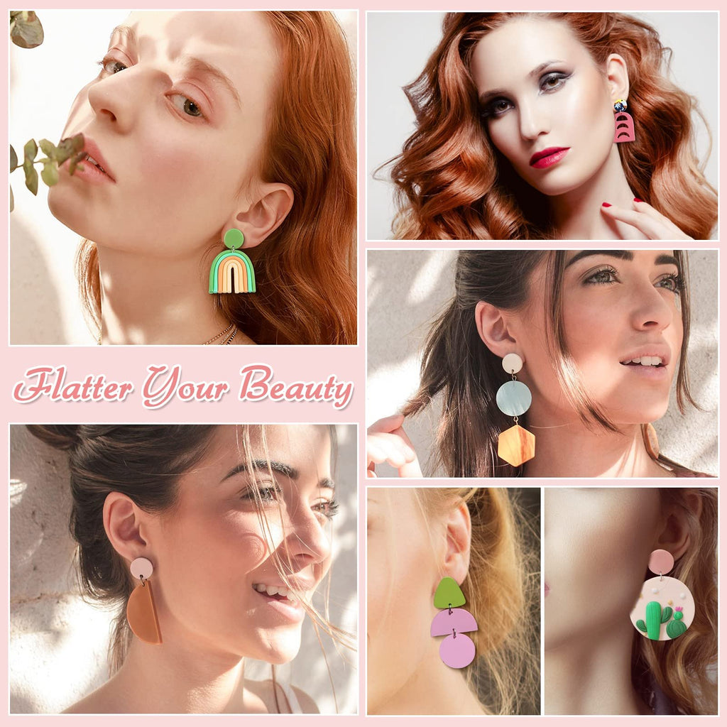 Collage of women wearing colorful polymer clay earrings, with text 'Flatter Your Beauty'