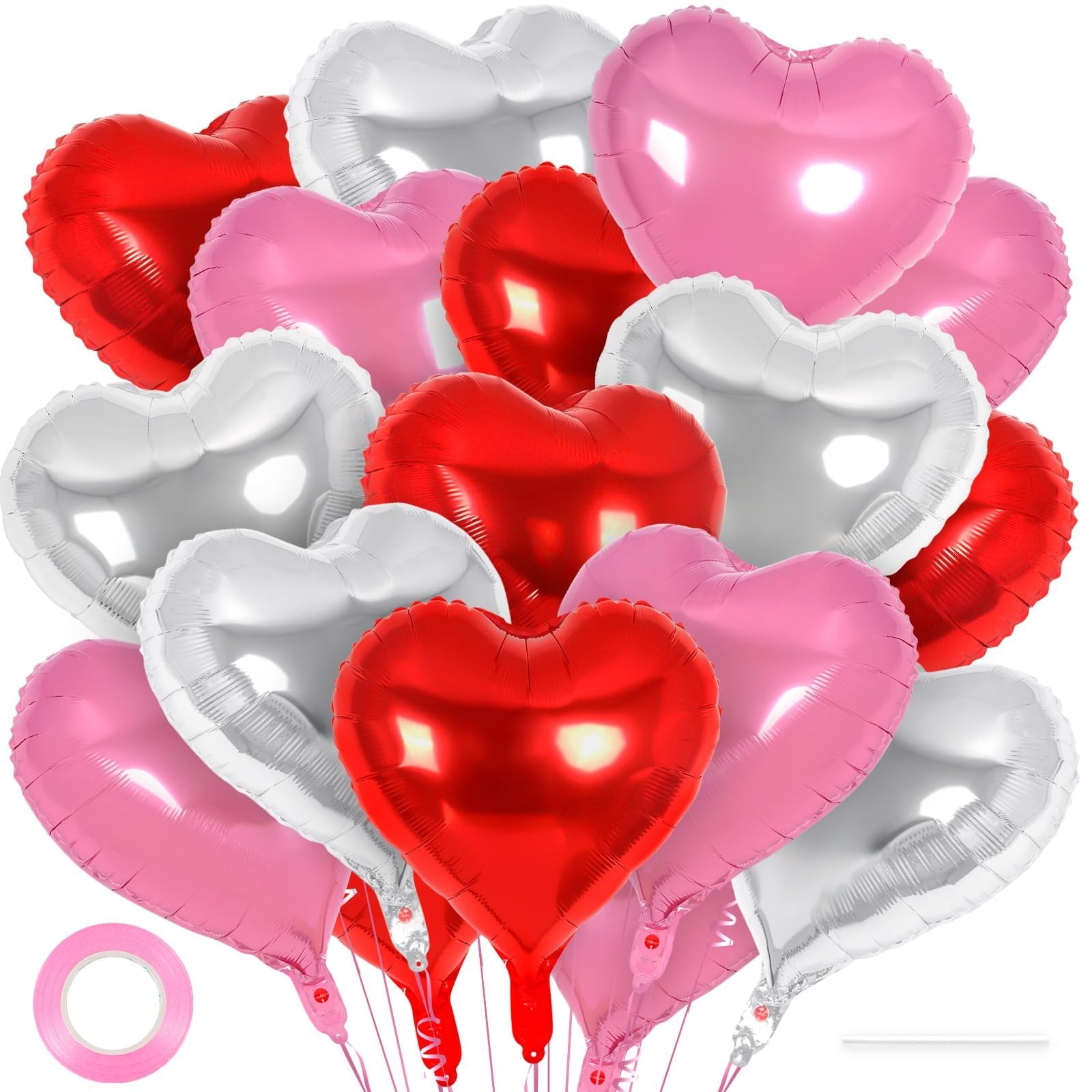 A collection of red, pink, and silver heart-shaped foil balloons with pink ribbon and a white straw against a white background.