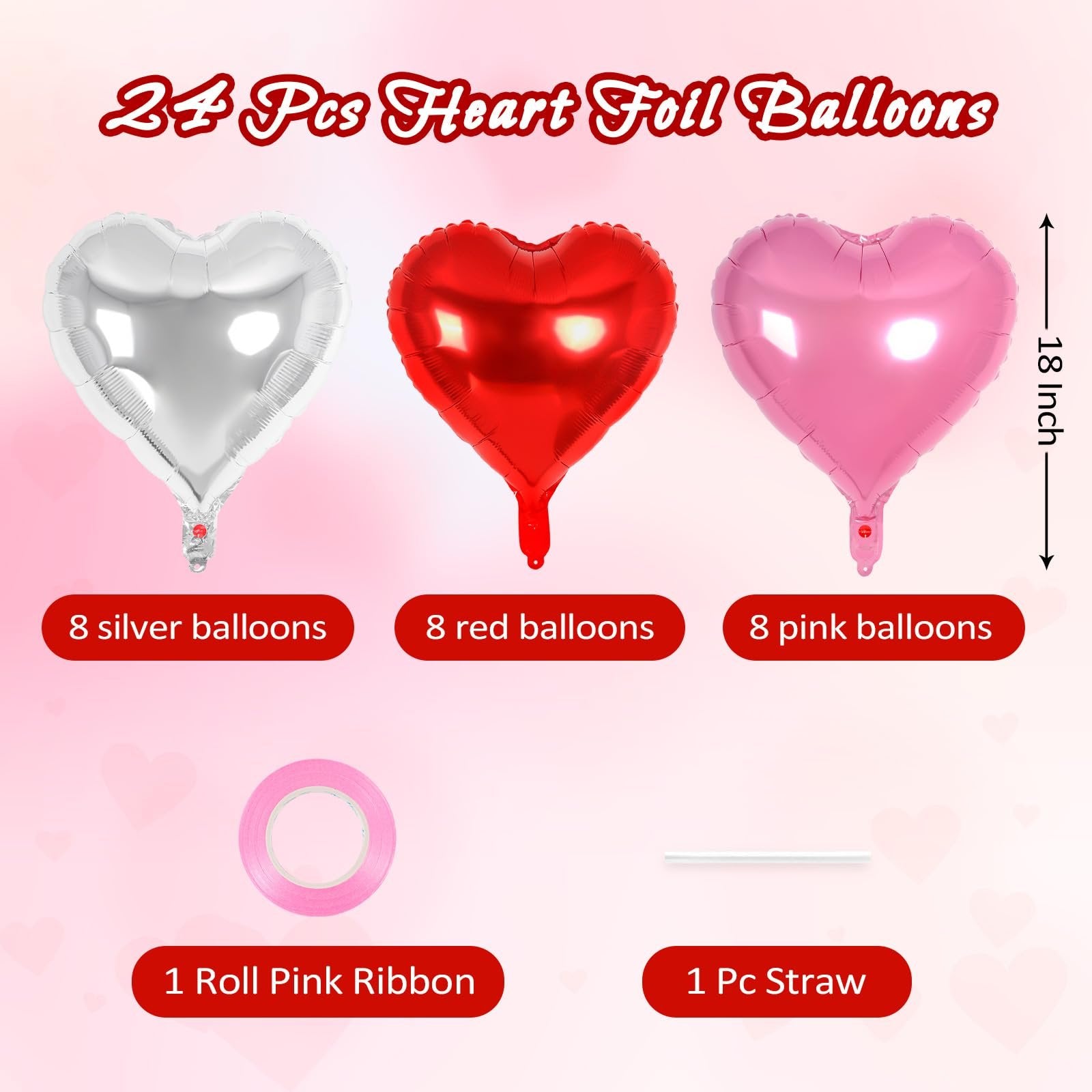 Three heart foil balloons in silver, red, and pink, with ribbon and straw, and text labels.
