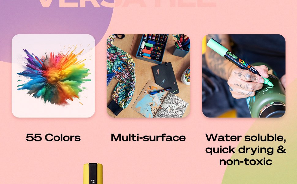 Three panels showing paint markers: colorful powder explosion, art supplies on a table, and a hand drawing on a bottle.
