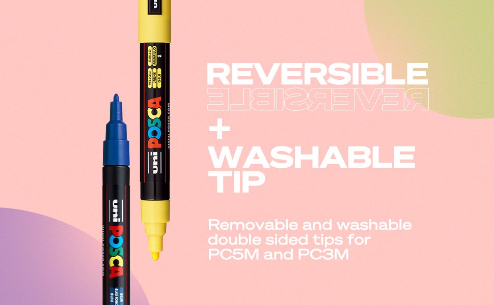 Two acrylic paint markers, one blue and one yellow, with text overlays about reversible and washable tips.