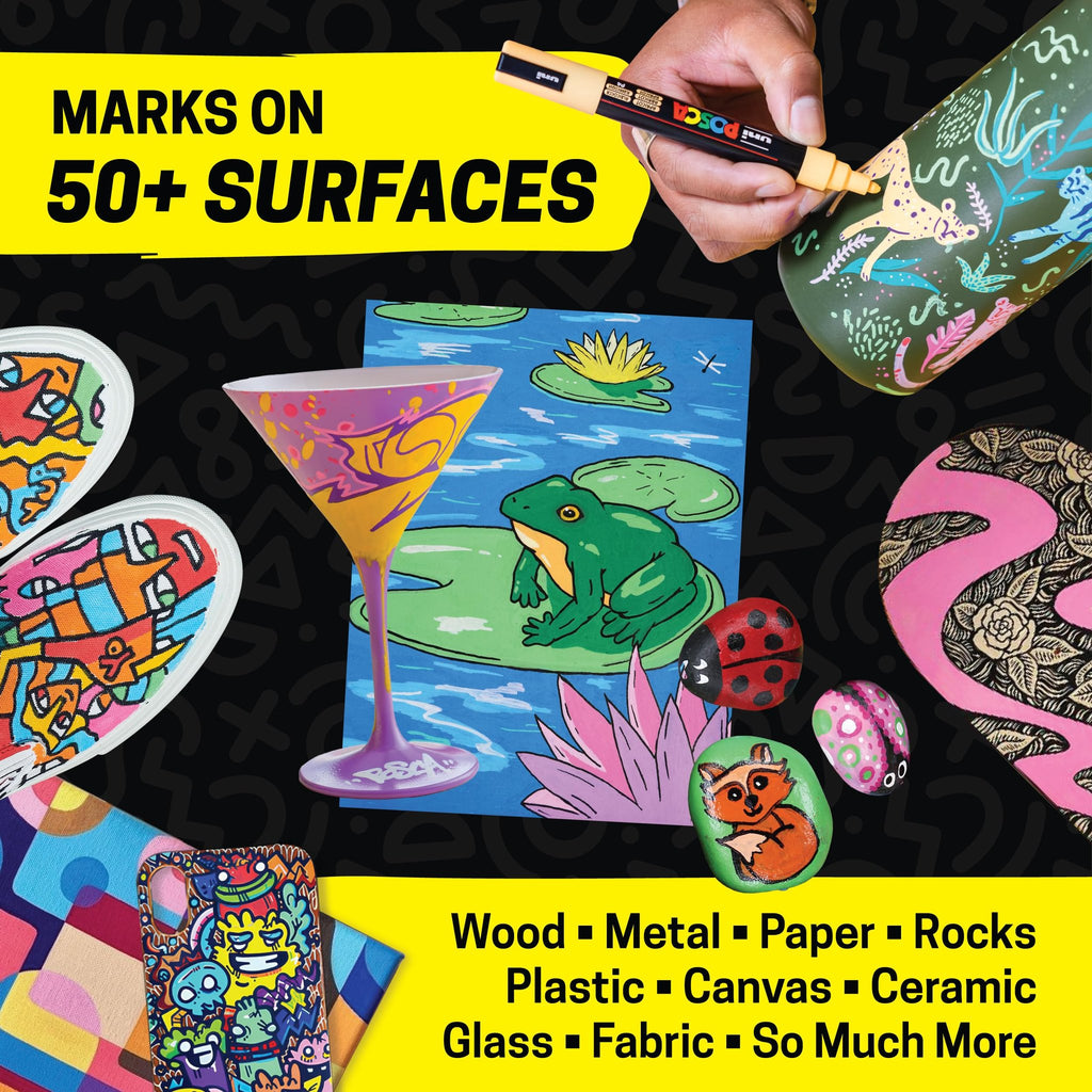 Acrylic paint markers being used to decorate various items including a glass, rocks, shoes, and a water bottle.