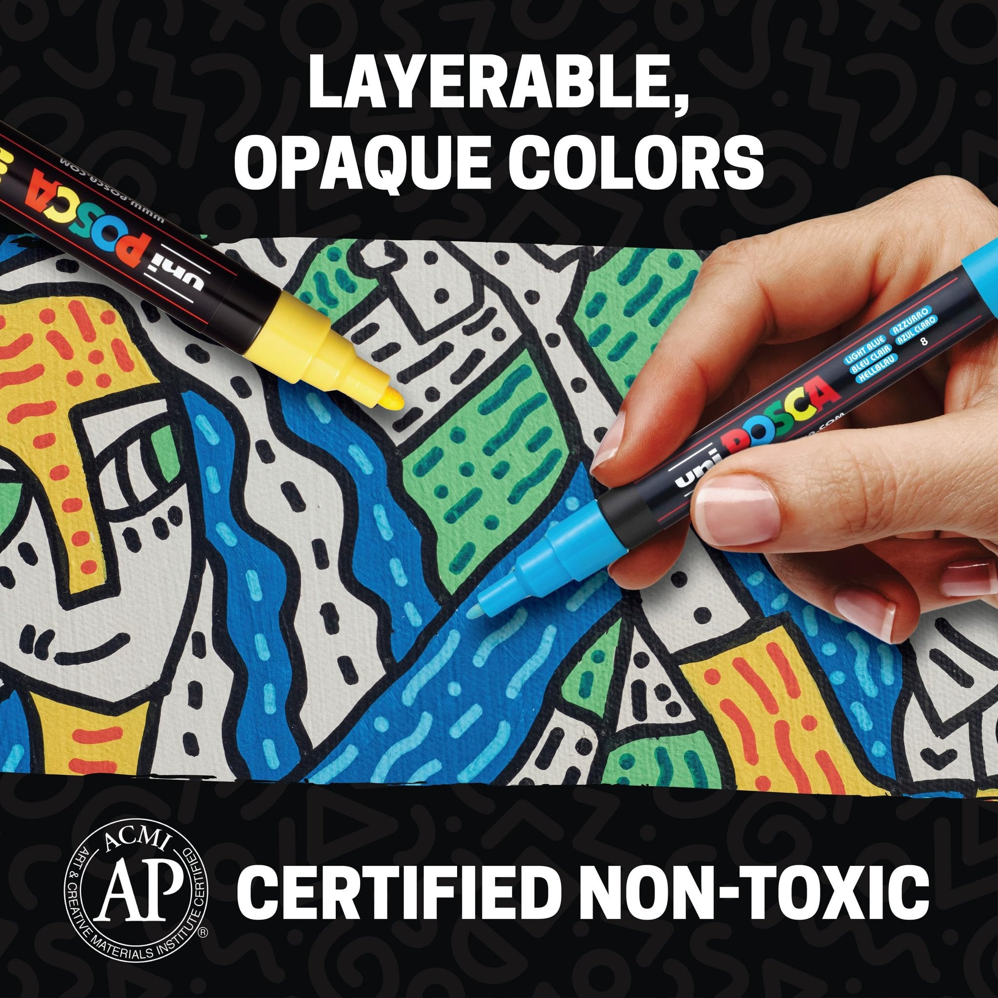 Hands holding paint markers over a colorful abstract drawing, with text overlays.