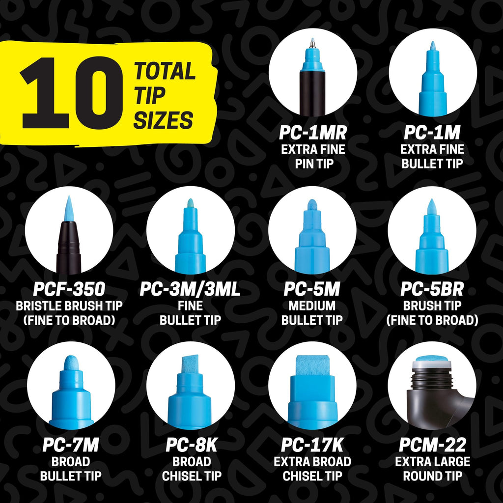 Ten different marker tips shown in circles against a black background with abstract shapes. Text details each tip type.